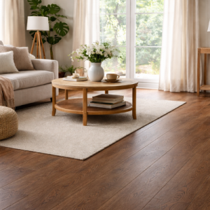 Warm espresso oak glue-down LVT flooring in a modern living room with beige sofa and natural wood furniture.