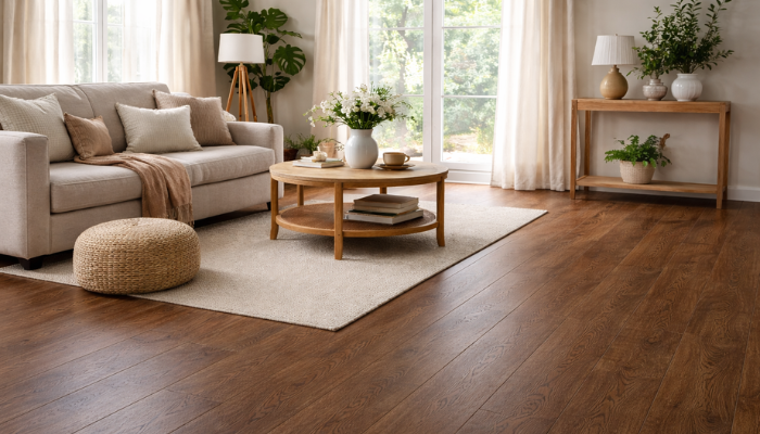Warm espresso oak glue-down LVT flooring in a modern living room with beige sofa and natural wood furniture.