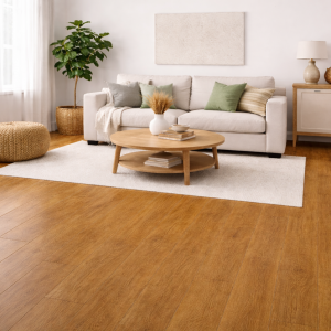 Bright living room with Elements Inspirations Golden Oak luxury vinyl plank flooring and modern neutral décor