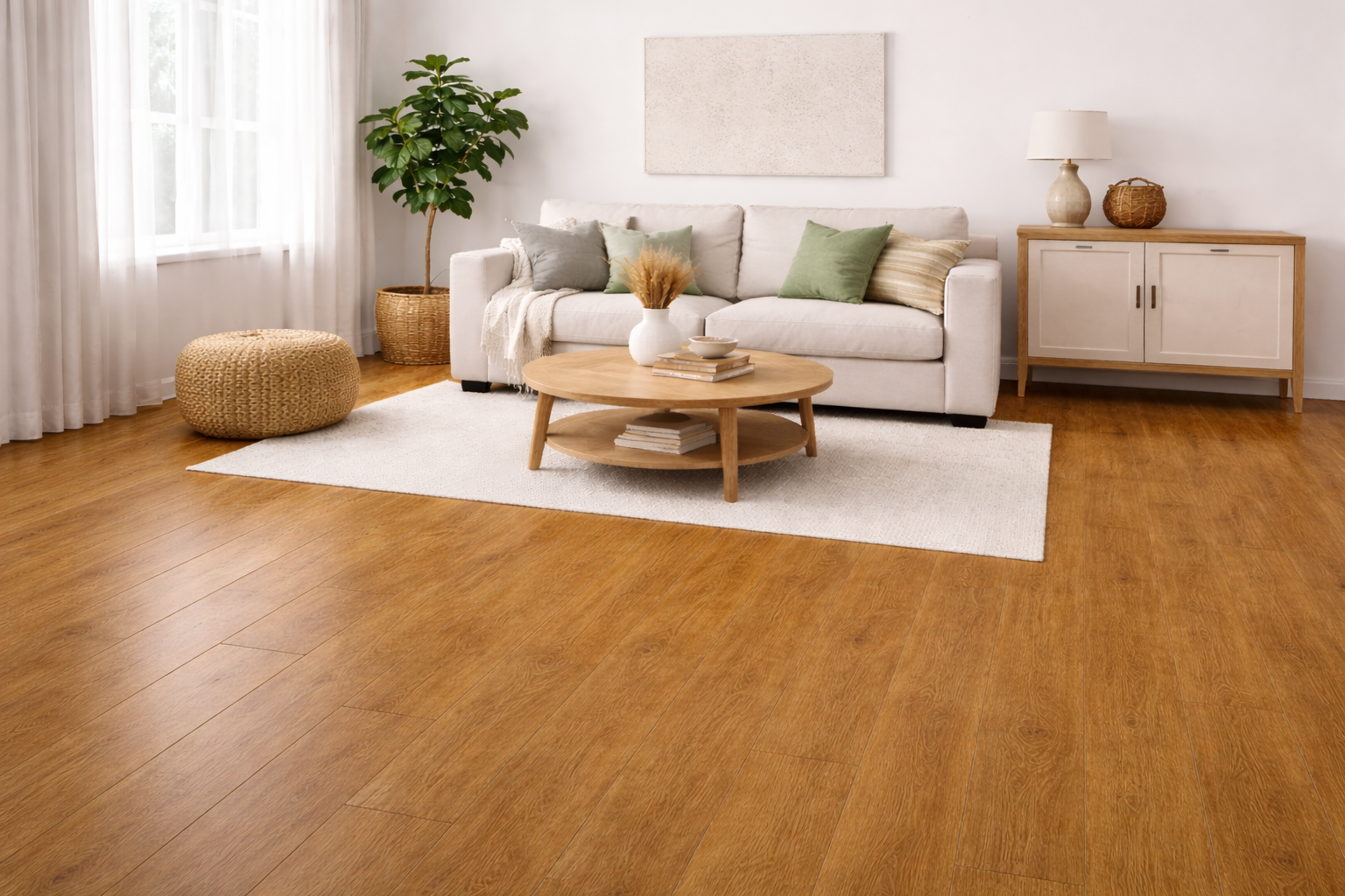 Bright living room with Elements Inspirations Golden Oak luxury vinyl plank flooring and modern neutral décor