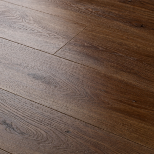 Close-up of Elements Inspirations Espresso EIP02 glue-down LVT flooring with rich oak grain and dark wood tones.