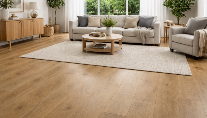 Classic Oak LVT plank flooring installed in a bright modern living room